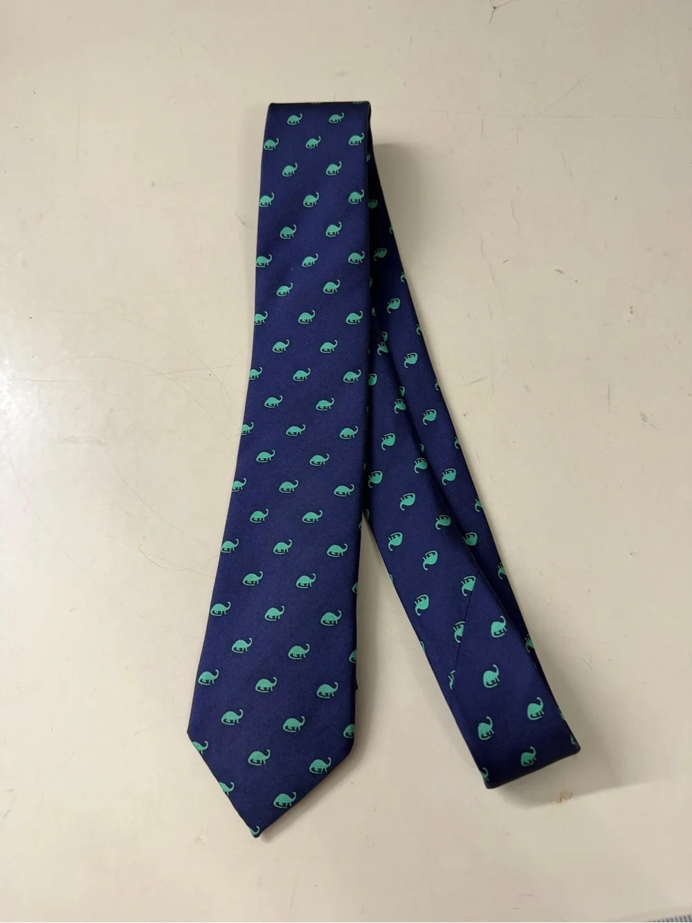 Navy Kids Tie with Teal Dinosaur Motif
